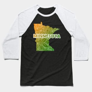 Colorful mandala art map of Minnesota with text in green and orange Baseball T-Shirt